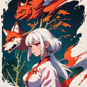 best_quality, highly_quality, 1girl, solo, kitsune, kitsune_girl, forest, white_hair, blood_red_qipao, (upper_body), big_breasts