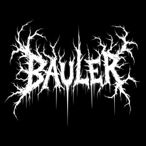 Extreme death metal logo design for the band name "BAULER". Highly complex and illegible white text on pure black background. Sharp, jagged, and elongated letter forms resembling thorny branches or lightning bolts. Symmetrical composition with extensions above and below. Dripping, melting effect on some letters. Incorporates spikes, serrated edges, and barbs throughout. Gothic and occult aesthetic with a hint of biomechanical elements. Perfectly balanced negative space between letters. High contrast black and white design without any gray tones. Evokes a sense of darkness, aggression, and otherworldly menace.