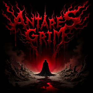 Creepy death metal band artwork, album cover art,
Extreme death metal logo design for the band name "ANTARES GRIM", Highly complex and bloode red text on pure black background,Sharp, jagged, and elongated letter forms resembling thorny branches or lightning bolts. Symmetrical composition with extensions above and below. Dripping, melting effect on some letters, entire screen has a gloomy, dark atmosphere,Hatune miku, bloody Hatsune Miku wearing a flesh apron placed in the center of the screen, and countless human bones scattered around..,DonM7w1573dW0nd3rl4ndFX,assassinkahb style,DonM5h4d0wM317FX