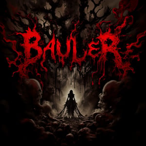 Creepy death metal band artwork, album cover art,
Extreme death metal logo design for the band name "BAULER", Highly complex and bloode red text on pure black background,Sharp, jagged, and elongated letter forms resembling thorny branches or lightning bolts. Symmetrical composition with extensions above and below. Dripping, melting effect on some letters, entire screen has a gloomy, dark atmosphere,Hatune miku, bloody Hatsune Miku wearing a flesh apron placed in the center of the screen, and countless human bones scattered around..,DonM7w1573dW0nd3rl4ndFX,assassinkahb style,DonM5h4d0wM317FX