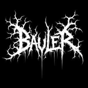 Extreme death metal logo design for the band name "BAULER". Highly complex and illegible white text on pure black background. Sharp, jagged, and elongated letter forms resembling thorny branches or lightning bolts. Symmetrical composition with extensions above and below. Dripping, melting effect on some letters. Incorporates spikes, serrated edges, and barbs throughout. Gothic and occult aesthetic with a hint of biomechanical elements. Perfectly balanced negative space between letters. High contrast black and white design without any gray tones. Evokes a sense of darkness, aggression, and otherworldly menace.