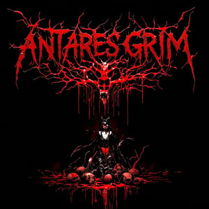 Creepy death metal band artwork, album cover art,
Extreme death metal logo design for the band name "Antares Grim". Highly complex and bloode red text on pure black background,Sharp, jagged, and elongated letter forms resembling thorny branches or lightning bolts. Symmetrical composition with extensions above and below. Dripping, melting effect on some letters, entire screen has a gloomy, dark atmosphere,Hatune miku, bloody Hatsune Miku wearing a flesh apron placed in the center of the screen, and countless human bones scattered around..,DonM7w1573dW0nd3rl4ndFX,assassinkahb style