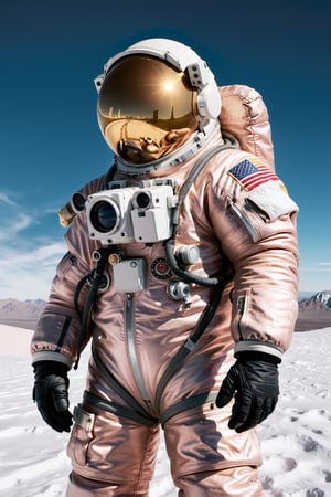 (Hyperrealistic, Wide-Angle Lens, Professional SLR Camera), astronaut, fluffy giant spacesuit, snow, in the style of light pink and light amber, surreal fashion, light white and gold, minimalist, impressive, detailed sky background, 