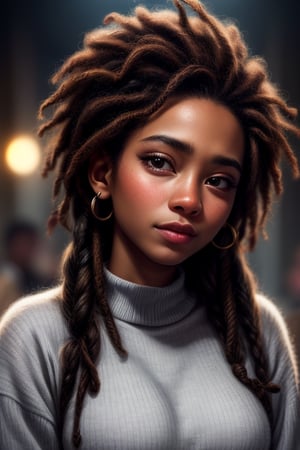 beautiful lighting, best quality, realistic, real picture, intricate details, depth of field, highly-detailed, perfect face, lips, Fujifilm XT3, Beautiful lighting, RAW photo, 8k uhd, film grain, (Black Girl, Dark Skinned), Dreadlocks, (Wool Sweater, Slacks), 