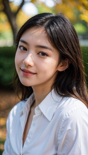 Masterpiece, DSLR photography, analog style, Nikon D5, live action photography, beautiful 16 year old female, dramatic lighting (85mm), autumn garden in background, (detailed face), (beautiful sparkling eyes), dynamic angle, Michelangelo style, long hair, long sleeve white button up shirt, smile: 1.4, Bzpeony