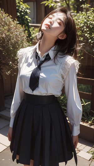 masterpiece, best quality, high resolution face, detailed eyes, 1 girl,, school uniform, necktie, black hair, closed eyes, long hair, realistic, skirt, short hair, medium breasted, tree, real world location, sweater vest, outdoors, looking up, vest, brown hair, overgrown, bag, scenery, nature, plaid, striped necktie, shirt
