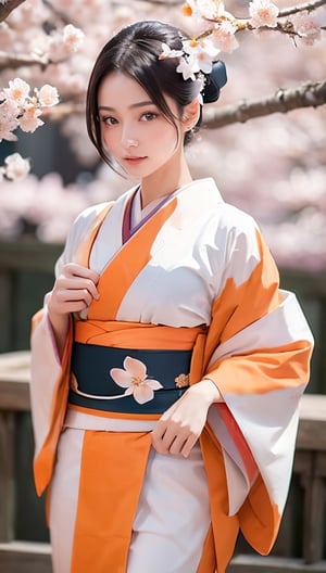 (Masterpiece: 1.3), (Photoreal: 1.4), 8K, top quality, masterpiece, super A high resolution, perfect dynamic composition, professional camera work, glow light effect, realistic portrait, cinematic light, Highly detailed skin and face texture: 1.3, ultra-slim eyes, delicate limbs, spring, cherry blossoms, cherry blossom snowstorm scenery: 1.2, lonely girl, cute and sexy 23-year-old slim woman, white skin, lavender flower: 1.2, (entranced expression): 0.9), (attractiveness): 1.0), (orange kimono: 1.3), only shoulders and shoulder blades exposed, back shot, calm pose, (rich chest: 0.9), (Beautiful blue eyes, (eyes that make you feel) Beautiful eros: 0.85), Sexy face: 0.4, (Taste that makes you feel beautiful eros: 0.85), ((Too cute beauty: 0.9)),realhands