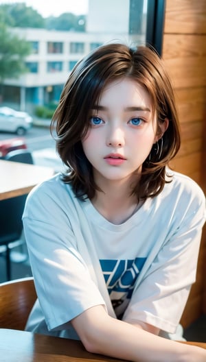 (8k, raw photo, highest quality, master piece: 1.2), (realistic, photorealistic: 1.37), One Girl, Only 19, cute, adorable, (blue eyes), (shy smile: 0.4), (solo), Details Face, oval face, pale almond-shaped eyes, (short brown hair: 1.3), hair over one eye, slender build, medium chest, gray sweatshirt, lying on back, head tilted, fluorescent Lights, sitting in a coffee shop, by the cafe, window, small head, (looking away), teenage girl, earrings, pen,MaryAmber,shirt