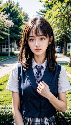 masterpiece, best quality, high resolution face, detailed eyes, 1girl,solo,school uniform,medium breasted, vest, brown hair, overgrown, bag, landscape, nature, plaid, striped tie, shirt,blossoms,falling_petals,looking at viewer,
