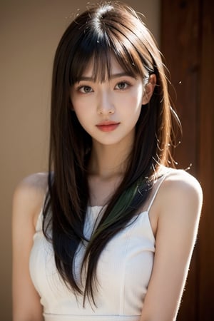 masterpiece, The highest image quality, hightquality, Beautiful Women, japanes, Popular Korean Makeup, detaileds, Swollen eyes, A detailed eye, Detailed skin, Beautiful skins, A high resolution, (Reality:1.4), very extremely beautiful, Slightly younger face, Beautiful skins, Thin, A hyper-realistic, illustration, hight resolution, 8K, ighly detailed, The best illustrations, beautifully detailed eyes, Ultra-detail, wallpaper, Detailed face, looking at the viewers, fine detailed, A detailed face, pureerosfaceace_v1, A smile, Looking straight ahead, Looking straight ahead, angle from waist up, photos realistic, Bright lighting, professional lighting, A darK-haired(Part of the hair is green), length hair, Black Leather Gothic Dress, a matural female, long stylish bangs,sexy,mikas,maiko