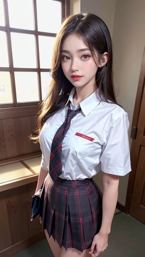 (8K High Resolution), (Highest Quality), (RAW Quality), (Tabletop: 1.2), (Realistic), (Photorealistic: 1.37), ,Big eyes, long eyelashes, (Live-action realistic style), Ultimate face, realistic light and shadow, distinct facial features, ,Fair skin, ),Best portrait, Close-up, One girl, Cute, Beautiful detailed eyes, Highly detailed skin, (Beautiful face with double eyelids), (Realism: 1.4), ((Full body image)) ,Detailed and beautiful face,, Woman around 20 years old, (Beautiful face 1.4),Medium hair,((Japanese high school student in uniform)),(Eye contact with audience),Red lipstick,Drawing lines around eyes,(Smiling slightly),　Standing on a platform at a Japanese station, Commuting to school, (Japanese uniform), Beautiful face reflected in the light, Red lipstick, Drawing around eyes, Very beautiful legs are attractive, Very bright world, Tie, Checkered, Checkered skirt, School uniform, White shirt