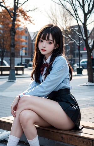 Bright expression, photorealism, highest quality, super high resolution, photo, the most beautiful Nordic girl photos, fine, cute and beautiful face, small face, (pureerosface_v1:0.008), beautiful bangs, Alice in Wonderland, 15-year-old student, (thighs thighs thighs:1.2), full body Evian, shining white shiny skin, small face, bangs that reach the face, bangs, hair between the eyes, attractive black silky hair, clear light blue eyes are attractive, (winter uniform:1.2), (pleated skirt:1.2), eyeliner, park, sitting on a bench, double eyelids, ample breasts, gravure-like pose