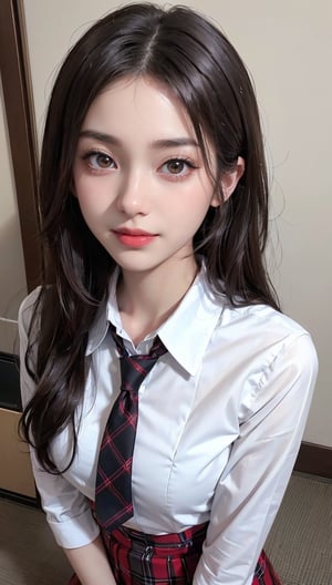 (8K High Resolution), (Highest Quality), (RAW Quality), (Tabletop: 1.2), (Realistic), (Photorealistic: 1.37), ,Big eyes, long eyelashes, (Live-action realistic style), Ultimate face, realistic light and shadow, distinct facial features, ,Fair skin, ),Best portrait, Close-up, One girl, Cute, Beautiful detailed eyes, Highly detailed skin, (Beautiful face with double eyelids), (Realism: 1.4), ((Full body image)) ,Detailed and beautiful face,, Woman around 20 years old, (Beautiful face 1.4),Medium hair,((Japanese high school student in uniform)),(Eye contact with audience),Red lipstick,Drawing lines around eyes,(Smiling slightly),　Standing on a platform at a Japanese station, Commuting to school, (Japanese uniform), Beautiful face reflected in the light, Red lipstick, Drawing around eyes, Very beautiful legs are attractive, Very bright world, Tie, Checkered, Checkered skirt, School uniform, White shirt