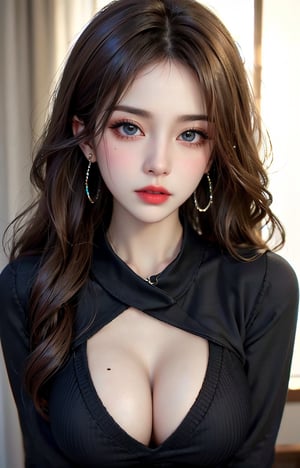 (incredibly absurd, super detailed, cg, uniform, 8k wallpaper), (masterpiece), (realistic), (photorealistic: 1.2), (raw photo: 1.2), (highest quality: 1.2), (detailed face: 1.4), (beautifully detailed eyes: 1.2), (detailed hair), light on face, huge file size, cinematic lighting, 1 girl, sexy, eyeliner, cute, student, long hair, brown hair, ((wavy hair)), hair accessory, ((light blush)), ((mole under eye)), ((expressionless eyes)), blue eyes, ((medium breasted)), fashionista, red lips, makeup, shirt lifted, ((black sweater dress)), black knee-high socks, high heels, jewelry, earrings, necklace, look at the viewer, depth of field,