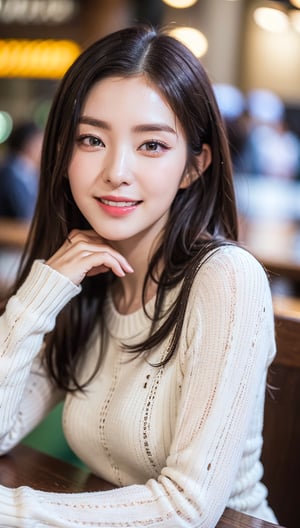 highly detailed eyes, highly detailed face, best quality, tabletop, highly detailed, extremely detailed, (realistic, photorealistic: 1.3), smiling, (facing forward), looking at viewer, autumn casual outfit, girl alone, coffee shop, meeting, urban vibe, autumn, absurd, attractive, star