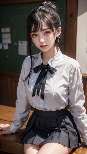 Ultra High Resolution, Masterpiece, Top Quality, High Resolution Face, Detailed Eyes, Very Difficult, Perfectly Glowing Skin, Perfect Lighting, Detailed Lighting, Dramatic Shadows, Ray Tracing, 16 Years Old, 1 Girl, Inverted Triangle Face, Narrow Eyes, Ponytail,, Uniform, Sailor Suit, Pleated Skirt, Sailor Collar, White Shirt, Red Eyes, Earrings, Jewelry, Black Nails, Black Hair, Long Sleeves, Bangs, Nail Polish, Ear Piercing, Staring at Audience, (Smile: 0.4), School Classroom, Staring Across Desk, little_cute_girl, Photo of Woman, Chihara