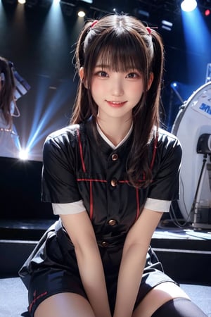 Warm lighting, beautiful Japanese girl, detailed face, shy smile, dark eyes, straight black hair, Stage uniform, on stage, above the thighs, real Japanese girl, yurayura_yuura, enako