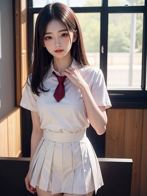 (masutepiece, Best Quality:1.2), 8K, 18year old, 85 mm, Official art, Raw photo, absurderes, White dress shirt, Pretty Face, close up, Upper body, violaceaess, gardeniass, Beautiful Girl, , (Navy pleated skirt:1.1), Cinch Waist, thighs thighs thighs thighs, Short sleeve, Classroom, Gravure Pose, Looking at Viewer, No makeup,ssmile, Film grain, chromatic abberation, Sharp Focus, face lights, clear lighting, Teen, Detailed face, Bokeh background, (dark red necktie:1.1), medium breasts?, Skinny face,sayaairie,fz,nichakarn-methmutha,sssggg,Japan Hime_cut style,Ayano