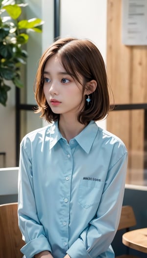 (8k, raw photo, highest quality, master piece: 1.2), (real, photorealistic: 1.37), One Girl, Only 19, cute, adorable, (blue eyes), (shy smile: 0.4), (solo) ,Details Face, oval face, thin almond-shaped eyes, (short brown hair: 1.3), hair growing in one eye, slender build, medium chest, collared shirt, lying on back, tilting head, fluorescent lighting, Sitting in a coffee shop, by the cafe, window, small head, (looking away), teenage girl, earrings,wanpeng