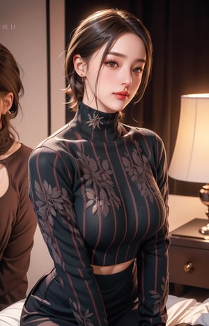 K-pop idol wearing turtleneck sweater, ((highest quality)), ((intricate details)), ((hyperreal)), absurd resolution, mature woman, mature woman, perspective, highly detailed illustration , 1 girl, medium breasted, perfect hands, detailed fingers, beautiful detailed eyes, short hair, brown eyes, (turtleneck: 1.2), tight skirt, detailed background, choker, perfect eyes, seductive Eyes, looking at the viewer, from the front