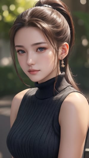Super high resolution, masterpiece, highest quality,
Highly detailed face, detailed eyes, very complex, perfect shiny shiny skin, perfect lighting, detailed lighting, dramatic shadows, ray tracing, 16 years old, 1 girl, with ponytail Hairstyle, upper body, black virgin sweater, sleeveless, thighs, looking at camera, (smile: 0.4), acjc