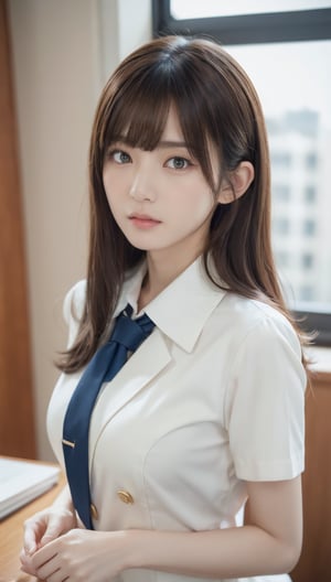 (8k, RAW photo, Photorealistic: 1.25), 1womanl, up of face, mideum breasts, light brown hair, Blunt bangs, hair behind ear, hair over shoulder, Long hair, slender body shape, Ultra Fine Face, Thin face, Delicate lips, Beautiful eyes, thin blush, eyes are light brown, perfect glossy skin, flawless skin, Glistening sweat,View here, Ultra-thin hands, Ultra-fine fingers, best ratio four finger and one thumb, (realisitic:1.3), Finger Extensions, School Uniforms、White dress shirts、Dark blue pleated skirt、‎Classroom, One-person viewpoint, Fuji Film, medium breasts⁩, 8K, masutepiece, nffsw, Super Detail, High quality, Best Quality, hight resolution,enako,asuka