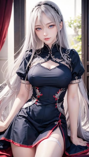 absurd, essential, best quality, nffsw, 1 female, mature female, (sharp focus), villain smile, medium breasts, (long silver hair), hime style, hime hair, (blue eyes), (detailed eyes), red and white nugoth dress, short sleeves, thighs, purple bouquet, realism, Black_castle, highly detailed, vibrant, intricate details, photorealistic, Sulgilorashi, d4sh4, 2b, plain doll, fancy clothes