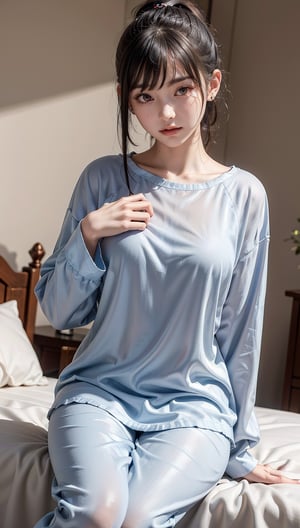 Ultra High Resolution, Masterpiece, Top Quality, High Resolution Face, Detailed Eyes, Very Hard, Perfectly Glowing Skin, Perfect Lighting, Detailed Lighting, Dramatic Shadows, Ray Tracing, 16 Years Old, 1 Girl, Inverted Triangle Face, Narrow Eyes, Ponytail, Pajamas, Silk Pajamas, On Bed, Bedroom, Black Nails, Black Hair, Long Sleeves, Bangs, Nail Polish, Ear Piercing, Staring at the Audience, (Smile: 0.4), little_cute_girl, Photo of a Woman, Chihara