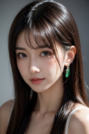 masterpiece, The highest image quality, hightquality, Beautiful Women, japanes, Popular Korean Makeup, detaileds, Swollen eyes, A detailed eye, Detailed skin, Beautiful skins, A high resolution, (Reality:1.4), very extremely beautiful, Slightly younger face, Beautiful skins, Thin, A hyper-realistic, illustration, hight resolution, 8K, ighly detailed, The best illustrations, beautifully detailed eyes, Ultra-detail, wallpaper, Detailed face, looking at the viewers, fine detailed, A detailed face, pureerosfaceace_v1, A smile, Looking straight ahead, Looking straight ahead, angle from waist up, photos realistic, Bright lighting, professional lighting, A darK-haired(Part of the hair is green), length hair, Black Leather Gothic Dress, a matural female, long stylish bangs,sexy,mikas,maiko