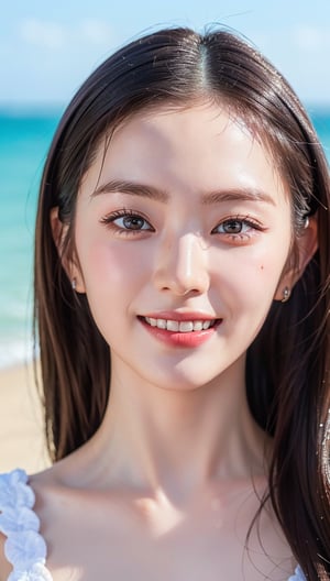 Highly detailed eyes, Highly detailed face, Top quality, Tabletop, Highly detailed, Highly detailed, (Realistic, Photorealistic: 1.3), Smiling, (Facing forward), Looking at viewer, Beach dress, 1 girl, Beach, Swimming, Tropical, Absurd, Attractive,hoshi