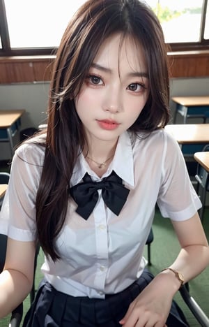 a closeup, masterpiece, top-quality, Raw foto, Photorealsitic, A smile, beautiful a girl, cute little, length hair, depth of fields, hight resolution, ultra-detailliert, detaile, extremely detailed eye and face, Sharp pupils, Realistic pupils, sharp focus, Cinematic lighting、School Uniforms、Sitting on a chair in a classroom、The upper part of the body、,Bomi,Beauty