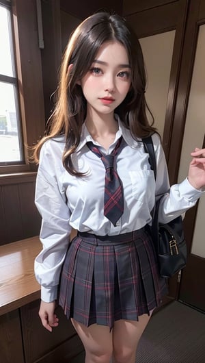 (8K High Resolution), (Highest Quality), (RAW Quality), (Tabletop: 1.2), (Realistic), (Photorealistic: 1.37), ,Big eyes, long eyelashes, (Live-action realistic style), Ultimate face, realistic light and shadow, distinct facial features, ,Fair skin, ),Best portrait, Close-up, One girl, Cute, Beautiful detailed eyes, Highly detailed skin, (Beautiful face with double eyelids), (Realism: 1.4), ((Full body image)) ,Detailed and beautiful face,, Woman around 20 years old, (Beautiful face 1.4),Medium hair,((Japanese high school student in uniform)),(Eye contact with audience),Red lipstick,Drawing lines around eyes,(Smiling slightly),　Standing on a platform at a Japanese station, Commuting to school, (Japanese uniform), Beautiful face reflected in the light, Red lipstick, Drawing around eyes, Very beautiful legs are attractive, Very bright world, Tie, Checkered, Checkered skirt, School uniform, White shirt