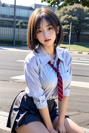 (((realistic))), ((medium_shot)), ((little_girl)),bob cut,straight_hair,(large breasts:1.3),thick thigh,(tight), sitting,looking back,slightly open mouth,((dynamic poses)),  high school uniform, ((school)), tokyo city,
