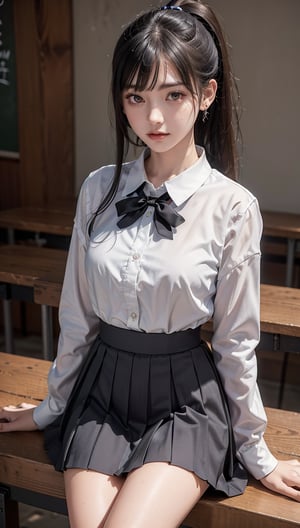 Ultra High Resolution, Masterpiece, Top Quality, High Resolution Face, Detailed Eyes, Very Difficult, Perfectly Glowing Skin, Perfect Lighting, Detailed Lighting, Dramatic Shadows, Ray Tracing, 16 Years Old, 1 Girl, Inverted Triangle Face, Narrow Eyes, Ponytail,, Uniform, Sailor Suit, Pleated Skirt, Sailor Collar, White Shirt, Red Eyes, Earrings, Jewelry, Black Nails, Black Hair, Long Sleeves, Bangs, Nail Polish, Ear Piercing, Staring at Audience, (Smile: 0.4), School Classroom, Staring Across Desk, little_cute_girl, Photo of Woman, Chihara