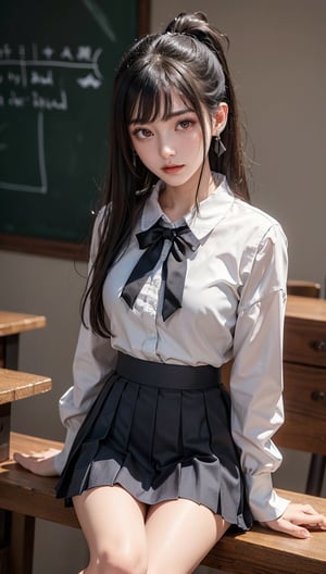 Ultra High Resolution, Masterpiece, Top Quality, High Resolution Face, Detailed Eyes, Very Difficult, Perfectly Glowing Skin, Perfect Lighting, Detailed Lighting, Dramatic Shadows, Ray Tracing, 16 Years Old, 1 Girl, Inverted Triangle Face, Narrow Eyes, Ponytail,, Uniform, Sailor Suit, Pleated Skirt, Sailor Collar, White Shirt, Red Eyes, Earrings, Jewelry, Black Nails, Black Hair, Long Sleeves, Bangs, Nail Polish, Ear Piercing, Staring at Audience, (Smile: 0.4), School Classroom, Staring Across Desk, little_cute_girl, Photo of Woman, Chihara