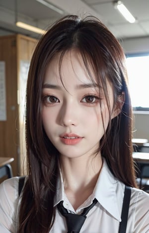 a closeup, masterpiece, top-quality, Raw foto, Photorealsitic, A smile, beautiful a girl, cute little, length hair, depth of fields, hight resolution, ultra-detailliert, detaile, extremely detailed eye and face, Sharp pupils, Realistic pupils, sharp focus, Cinematic lighting、School Uniforms、Sitting on a chair in a classroom、The upper part of the body、,Bomi,Beauty