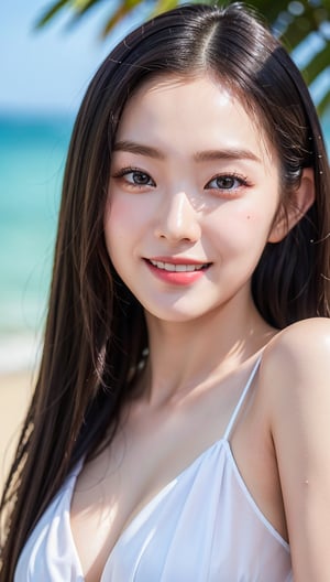 Highly detailed eyes, Highly detailed face, Top quality, Tabletop, Highly detailed, Highly detailed, (Realistic, Photorealistic: 1.3), Smiling, (Facing forward), Looking at viewer, Beach dress, 1 girl, Beach, Swimming, Tropical, Absurd, Attractive,hoshi