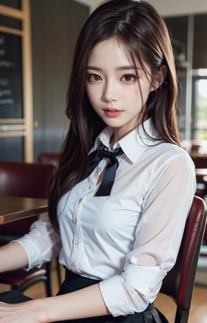 Close-up, masterpiece, best quality, raw photo, photorealistic, smiling, beautiful girl, cute, long hair, depth of field, high resolution, ultra detailed, detailed, highly detailed eyes and face, sharp pupils, realistic pupils, sharp focus, cinematic lighting, school uniform, sitting on a stylish cafe chair, upper body, , Bomi, beauty