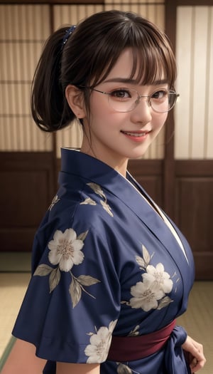 Real, masterpiece, highest quality, raw photo, 1 girl, solo, ponytail, 46 points diagonal bangs, brown hair, detailed face, glamorous face, evil smile, silver-rimmed glasses, dark blue yukata, medium breasts, dynamic pose , Japanese countryside, viewer's eye, from below, detailed background, detailed interior, intricate details, ray tracing, depth of field, low key, HDR, acjc,see-through kimono