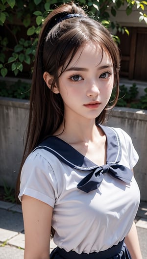 Ultra high resolution, masterpiece, top quality, high resolution face, detailed eyes, very difficult, perfect glowing skin, perfect lighting, detailed lighting, dramatic shadows, ray tracing, 16 years old, 1 girl , inverted triangular face, slit eyes, ponytail, upper body, school uniform, serafuku, pleated skirt, sailor collar, white shirt,, staring at the audience, (smile: 0.4), little_cute_girl, snha photo of a woman