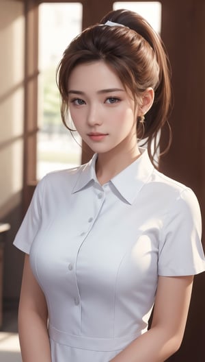 Super high resolution, masterpiece, highest quality,
Highly detailed face, detailed eyes, very complex, perfect shiny shiny skin, perfect lighting, detailed lighting, dramatic shadows, ray tracing, 16 years old, one girl, with ponytail Hairstyle, upper body, nurse, breast pocket, collared dress, short dress, short sleeves, thighs, white dress,, white shirt, looking at the viewer, (slight smile: 0.4),acjc