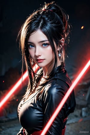 Top quality, 8K, masterpiece, one girl, slim abs beauty, casual hairstyle, big breasts, sith outfit, red blade lightsaber, highly detailed face, delicate eyes, double eyelids, shy , dynamic pose, thighs, smiling anime girl, gray brown hair and blue eyes , Zaat Krenz feminization key art, beautiful female portrait, detailed digital anime art, high detailed official artwork, detailed anime art, female anime hero portrait,