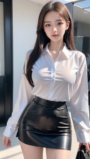 A high resolution,masutepiece,Best Quality, extremely delicate face,Detailed eyes,very intricate,perfect glossy shiny skins,Perfect Lighting,Detailed Lighting,Dramatic shadows,Ray tracing, 1girll,full body Esbian,white oversized button up shirt,view the viewer,Cyberpunk,school uniform ,Secretary_uniform