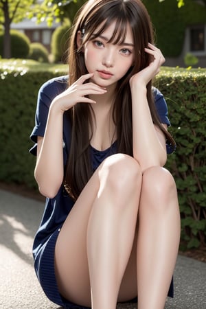 Bright facial expression, photorealism, highest quality, super high resolution, photo, the most beautiful Nordic girl photos, detailed cute and beautiful face, small face, (pureerosface_v1: 0.008), beautiful bangs, Alice in Wonderland, 18 years old, (thighs thighs thighs thighs: 1.2), full body Esbian, shining white shiny skin, hair tangled in the face, bangs that reach the face, bangs, hair between the eyes, super long hair, attractive brown straight silky hainer hair, attractive shining beautiful bright clear light blue eyes, (summer casual private clothes: 1.2), eyeliner, double eyelids, ample breasts, dynamic pose, enako,AliceMadness,nerd_girl,Ava