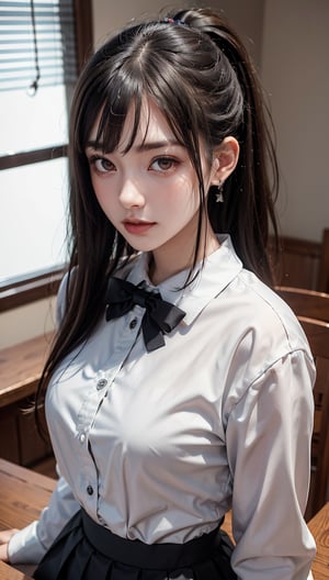 Ultra High Resolution, Masterpiece, Top Quality, High Resolution Face, Detailed Eyes, Very Difficult, Perfectly Glowing Skin, Perfect Lighting, Detailed Lighting, Dramatic Shadows, Ray Tracing, 16 Years Old, 1 Girl, Inverted Triangle Face, Narrow Eyes, Ponytail,, Uniform, Sailor Suit, Pleated Skirt, Sailor Collar, White Shirt, Red Eyes, Earrings, Jewelry, Black Nails, Black Hair, Long Sleeves, Bangs, Nail Polish, Ear Piercing, Staring at Audience, (Smile: 0.4), School Classroom, Staring Across Desk, little_cute_girl, Photo of Woman, Chihara