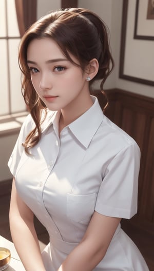 Super high resolution, masterpiece, highest quality,
Highly detailed face, detailed eyes, very complex, perfect shiny shiny skin, perfect lighting, detailed lighting, dramatic shadows, ray tracing, 16 years old, one girl, with ponytail Hairstyle, upper body, nurse, breast pocket, collared dress, short dress, short sleeves, thighs, white dress,, white shirt, looking at the viewer, (slight smile: 0.4),acjc