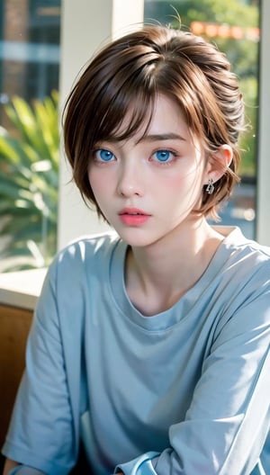 (8k, raw photo, highest quality, master piece: 1.2), (realistic, photorealistic: 1.37), One Girl, Only 19, cute, adorable, (blue eyes), (shy smile: 0.4), (solo), Details Face, oval face, pale almond-shaped eyes, (short brown hair: 1.3), hair over one eye, slender build, medium chest, gray sweatshirt, lying on back, head tilted, fluorescent Lights, sitting in a coffee shop, by the cafe, window, small head, (looking away), teenage girl, earrings, pen,MaryAmber,shirt