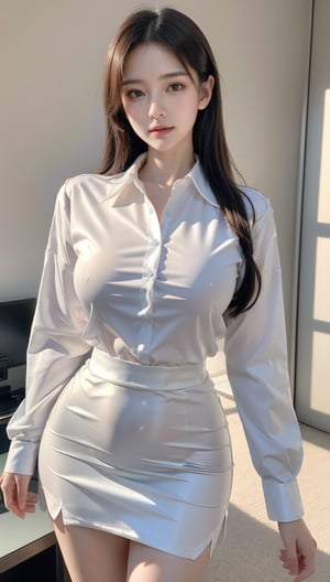 A high resolution,masutepiece,Best Quality, extremely delicate face,Detailed eyes,very intricate,perfect glossy shiny skins,Perfect Lighting,Detailed Lighting,Dramatic shadows,Ray tracing, 1girll,full body Esbian,white oversized button up shirt,view the viewer,Cyberpunk,school uniform ,Secretary_uniform
