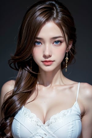 Top quality, 8K, masterpiece, single girl, slim abs beauty, casual hairstyle, big breasts, white pattern dress, kneehighs, highly detailed face, delicate eyes, two heavy eyelids, shy and dynamic pose, thighs, smiling anime girl, ash brown hair and blue eyes, Zaat Krenz feminization key art, beautiful woman portrait, detailed digital anime art, high definition official artwork, detailed anime art, female anime hero portrait,fashion