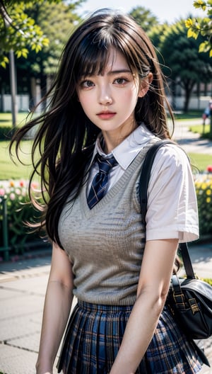 Masterpiece, best quality, high resolution face, detailed eyes, one girl, solo, school uniform, medium bust, vest, brown hair, grown out hair, bag, landscape, nature, plaid, striped tie, shirt, flower, falling petals, looking at viewer, dynamic pose, gravure-like pose, mid-motion